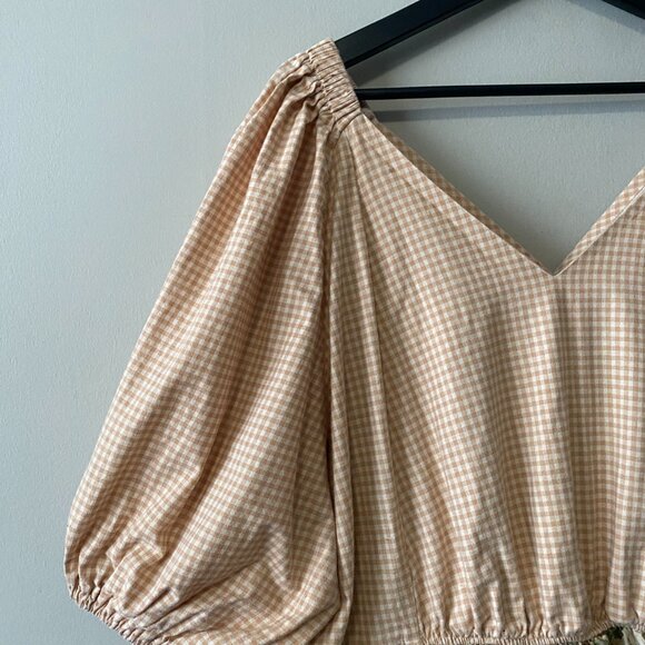 Handmade Plus Size Cotton Gingham Floral Multicolour Inseam Pockets V-Neck Dress - Picture 3 of 16